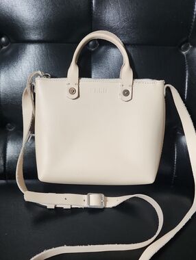 FEED Projects Cream Leather Mini Crossbody Tote Bag Top Handle Structured Purse